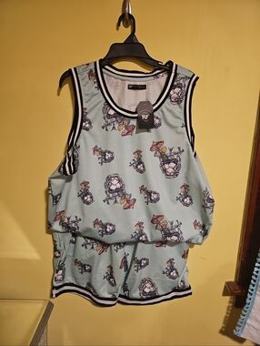 NWT RF Brand Men's Size XL Green Cheers Skeleton Print Mesh Tank Top & Shorts